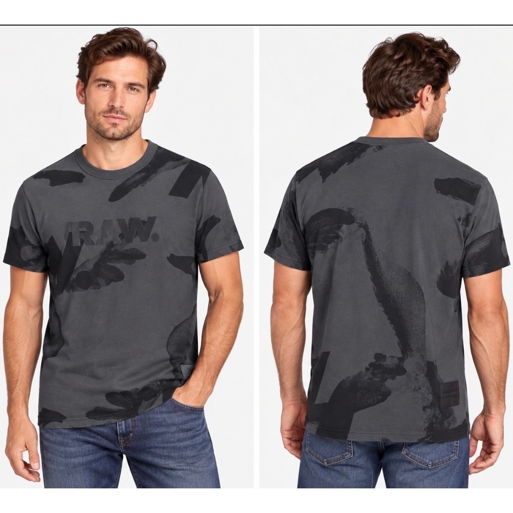 G-Star RAW Mens Small Gray Black Graphic T-Shirt Camo Print Crew Neck